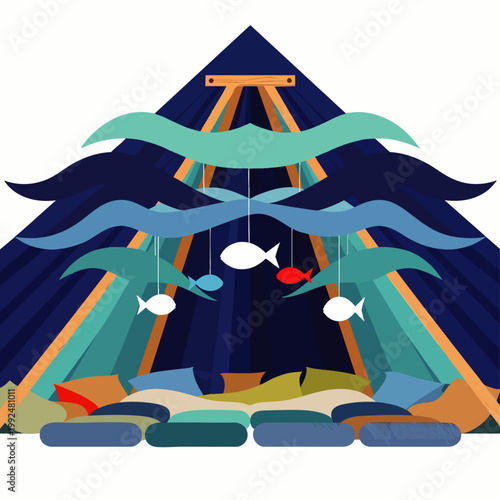 Vibrant abstract illustration of a cozy indoor space with an oceanic theme, featuring a charming fish mobile and tranquil wave designs for relaxation.