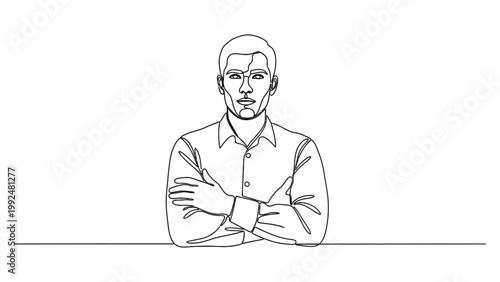 Continuous line drawing of a confident young businessman with arms crossed.