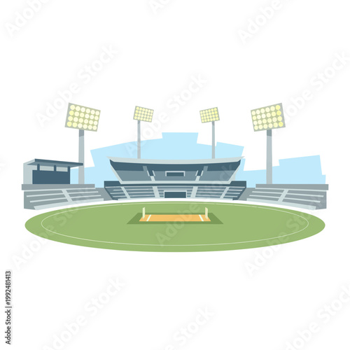 Cricket Stadium Outdoor Sports Arena with Floodlights and Grandstands