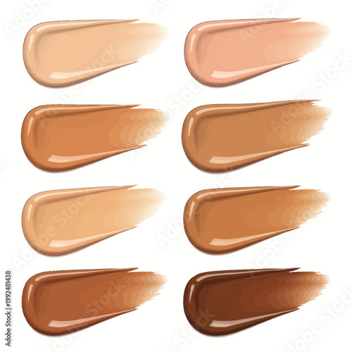 Foundation Swatches: Diverse Skin Tones, Makeup Swirls on White Background