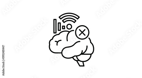 Brain, mental health, line icon, no signal, disconnection, black