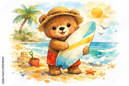Cute watercolor bear wearing a straw hat holding a surfboard on a sunny tropical beach with ocean waves. concept of summer fun, beach adventure, cute animal illustration.