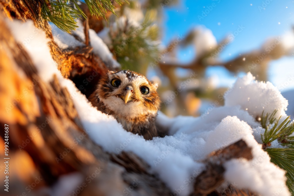 Fototapeta premium Owl Nesting Within Ancient Pine Tree Covered in Snow with Bright Skies Above