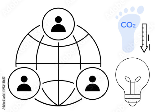 Sustainability, eco-friendly solutions, innovation, global networks, carbon footprint reduction, energy efficiency. People symbols connected by a globe, CO2 footprint and a lightbulb. Sustainability