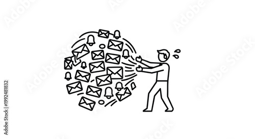 Overwhelmed businessman, stressed employee, email overload, notification chaos, workplace stress