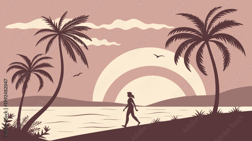 Fototapeta premium Tropical sunset horizon illustration with palm trees, ocean waves, clouds, and walking silhouette. Minimal vector style perfect for summer flyers, posters, and coastal advertising.
