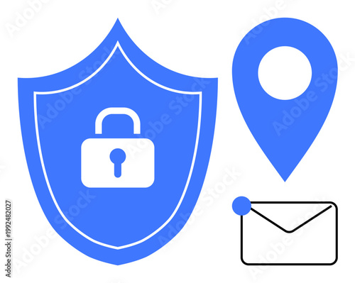 Cybersecurity, online privacy, data protection, secure communication, digital location, encryption concepts. Blue shield with lock, location pin and envelope. Cybersecurity and online privacy