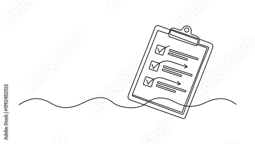 Continuous one line drawing of clipboard with checklist.