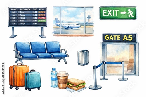 Watercolor airport terminal with gate, seating, luggage, exit sign, flight board, airplane, drinks, and snacks. concept of travel, transportation, vacation preparation