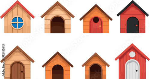 Dog house collection with different wooden kennel styles, colorful pet shelter illustration isolated on white background for animal care design