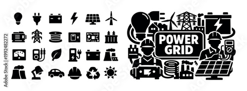Collection of electrical energy icons and symbols representing power grid infrastructure