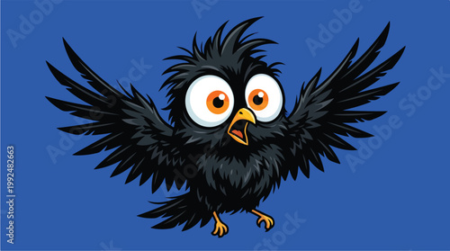 Cartoon Black Bird with Wide Eyes and Open Mouth Flying.