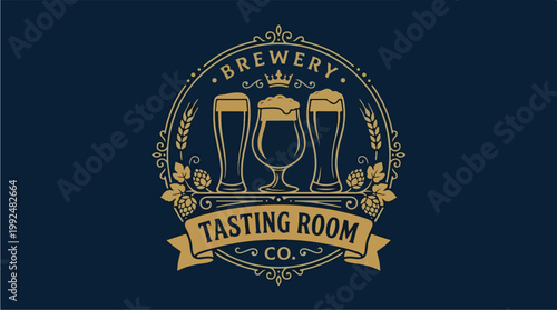 Brewery Tasting Room Emblem with Beer Glasses.