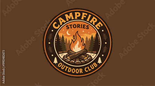 Campfire Stories Outdoor Club Logo with Burning Firewood.