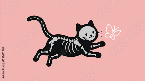 Cute Black Cat Skeleton Chasing a Glowing Butterfly Illustration.