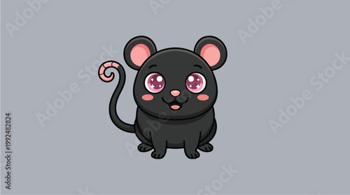 Cute Black Mouse Cartoon Character with Big Eyes.