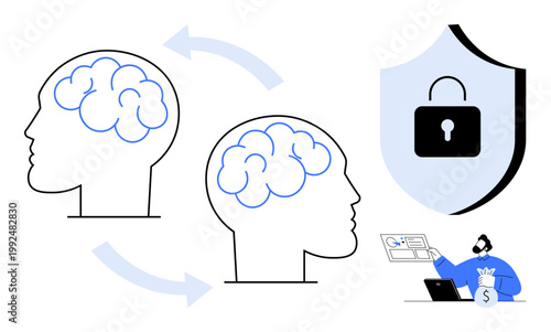 Data sharing, digital identity, online security, AI, intellectual exchange, secure transactions. Two brains exchanging data, shield with lock and man using digital tools. Data sharing and digital