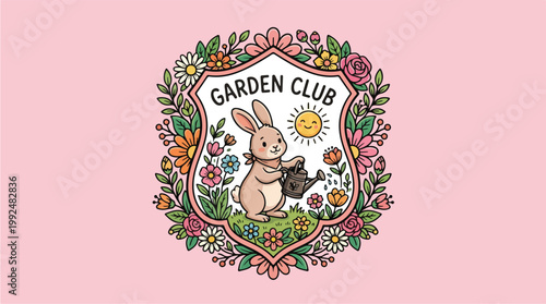 Cute Bunny Watering Flowers in Garden Club Emblem.