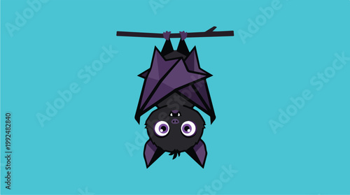 Cute Cartoon Bat Hanging Upside Down on a Branch.
