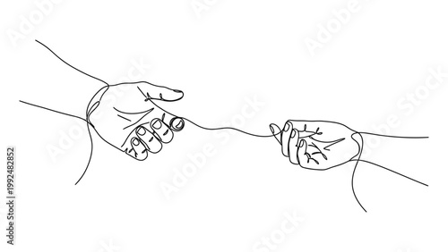 Continuous line drawing of two hands connected by a single thread.