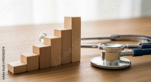 Wooden block graph trending upward with stethoscope on wooden desk suggesting health care growth and financial wellness concept