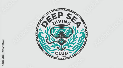 Deep Sea Diving Club Emblem with Scuba Mask and Underwater Elements.