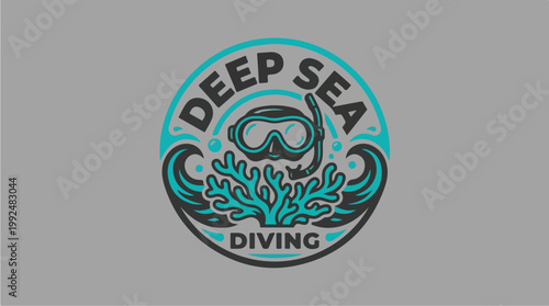 Deep Sea Diving Logo with Snorkel Mask and Coral.