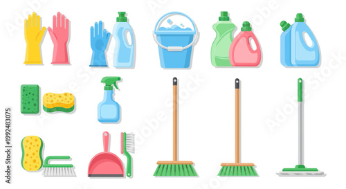 Cleaning supplies collection: gloves, bucket, brooms, mops, spray bottles, sponges, dustpan