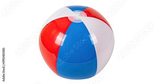Colorful red white and blue beach ball floating in a clean studio shot for summer fun and recreational activities with bright light and cheerful vibe