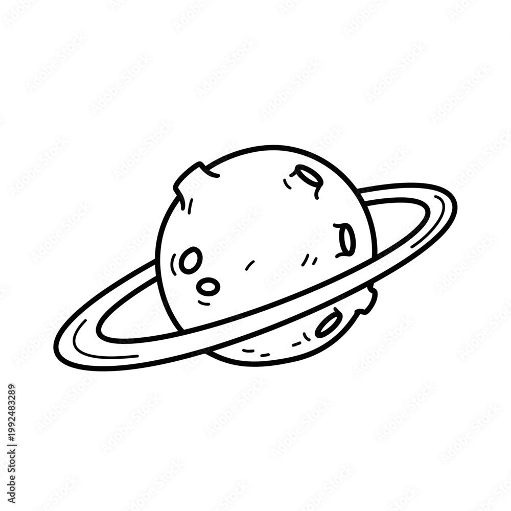 Fototapeta premium Hand drawn cartoon style illustration of a ringed planet, simple and charming.