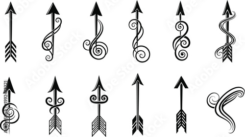 Collection of decorative vector arrow graphic illustrations with ornamental swirls and traditional fletching designs