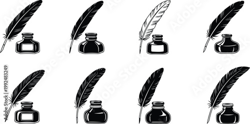 Quill pen and inkwell vector illustration set featuring various vintage writing tools for classic artistic design