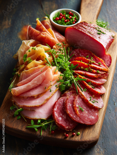 Charcuterie board offering cold cuts and appetizer meats