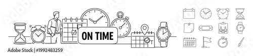 Business concept of punctuality and time management with clocks and calendars
