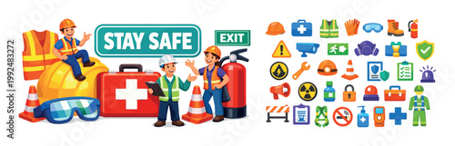 Construction workers and safety equipment icons promoting workplace safety