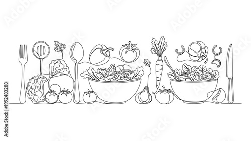 Continuous line art illustration of fresh vegetables and cutlery.