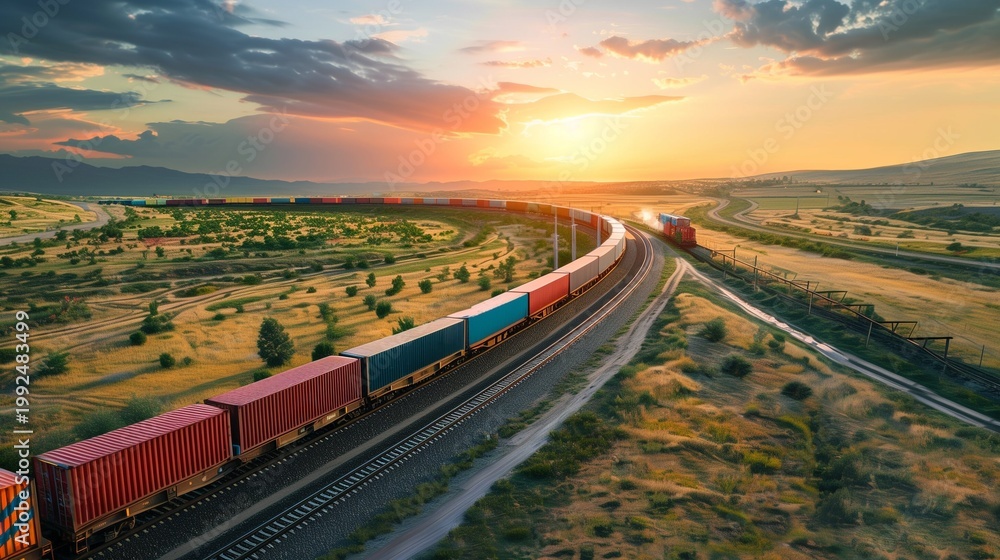 Fototapeta premium Long cargo train crossing open land, warm sunlight, clean layout.