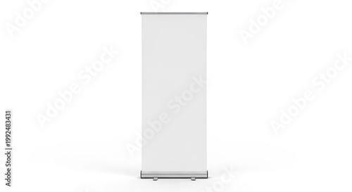 Blank white roll-up banner stand for advertising display product presentation or trade show signage in studio setting minimal design