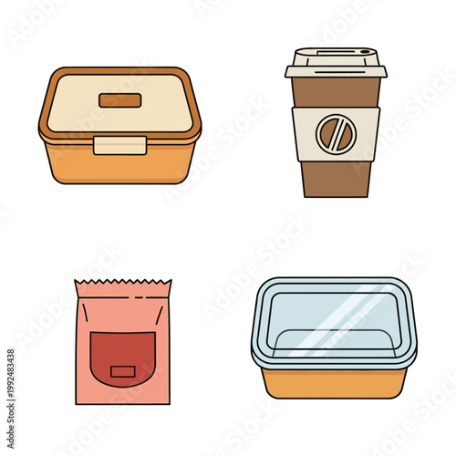 Set of four food and drink containers for takeaway and storage.