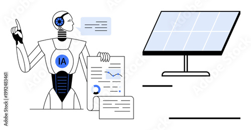 Renewable energy, artificial intelligence, technology, data analysis, green energy, future innovation. Robot analyzing documents with graphs beside a solar panel. Renewable energy and artificial