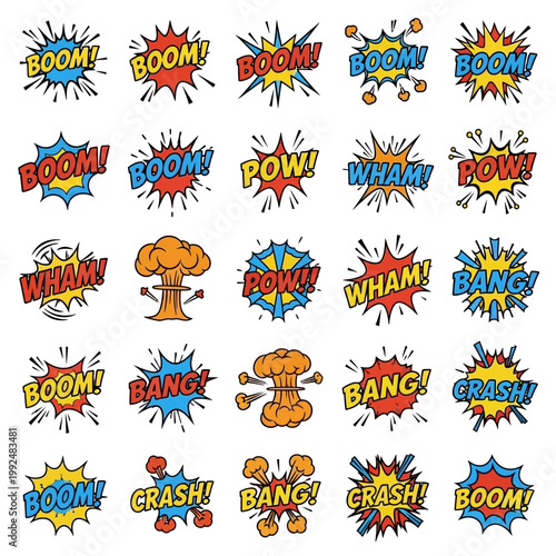 Comic book sound effects and explosion bubbles set.