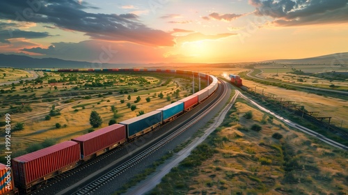 Long cargo train crossing open land, warm sunlight, clean layout.