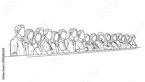 A crowd of diverse people standing in a line looking forward.