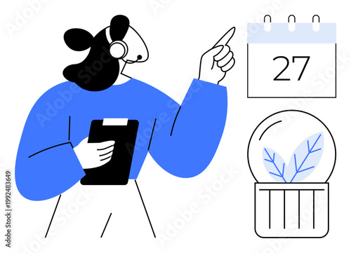 Business planning, workplace organization, scheduling, task management, eco-conscious decisions, productivity growth. Woman with clipboard pointing at calendar and eco symbol. Business planning