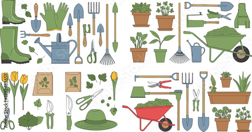 Gardening tools and equipment collection set with plants wheelbarrow gloves and accessories vector illustration isolated design elements