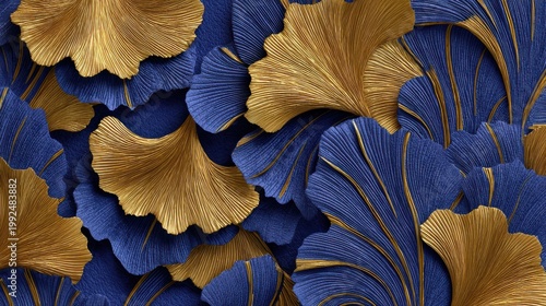 Abstract flowing waves of gold forming stylized floral shapes. Deep royal blue velvet background. Luxurious 3D sculptural relief