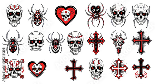 Gothic Skulls, Spiders, and Crosses - Dark Art Design Elements
