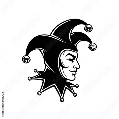 Jester Hat Icon, Medieval Court Jester Head, Black and White Vector Art