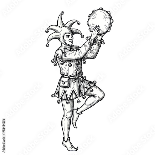 Jester with Tambourine, Medieval Performer, Sketch Style
