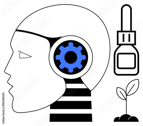 Artificial intelligence, healthcare innovation, sustainability, technology solutions, automation, future growth. A human head with a gear, medical bottle and sprouting plant. AI and healthcare
